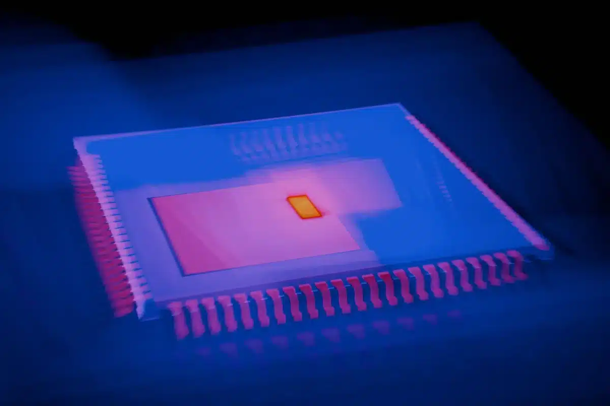 Chip semiconduttore e circuiti di intelligenza artificiale in primo piano
