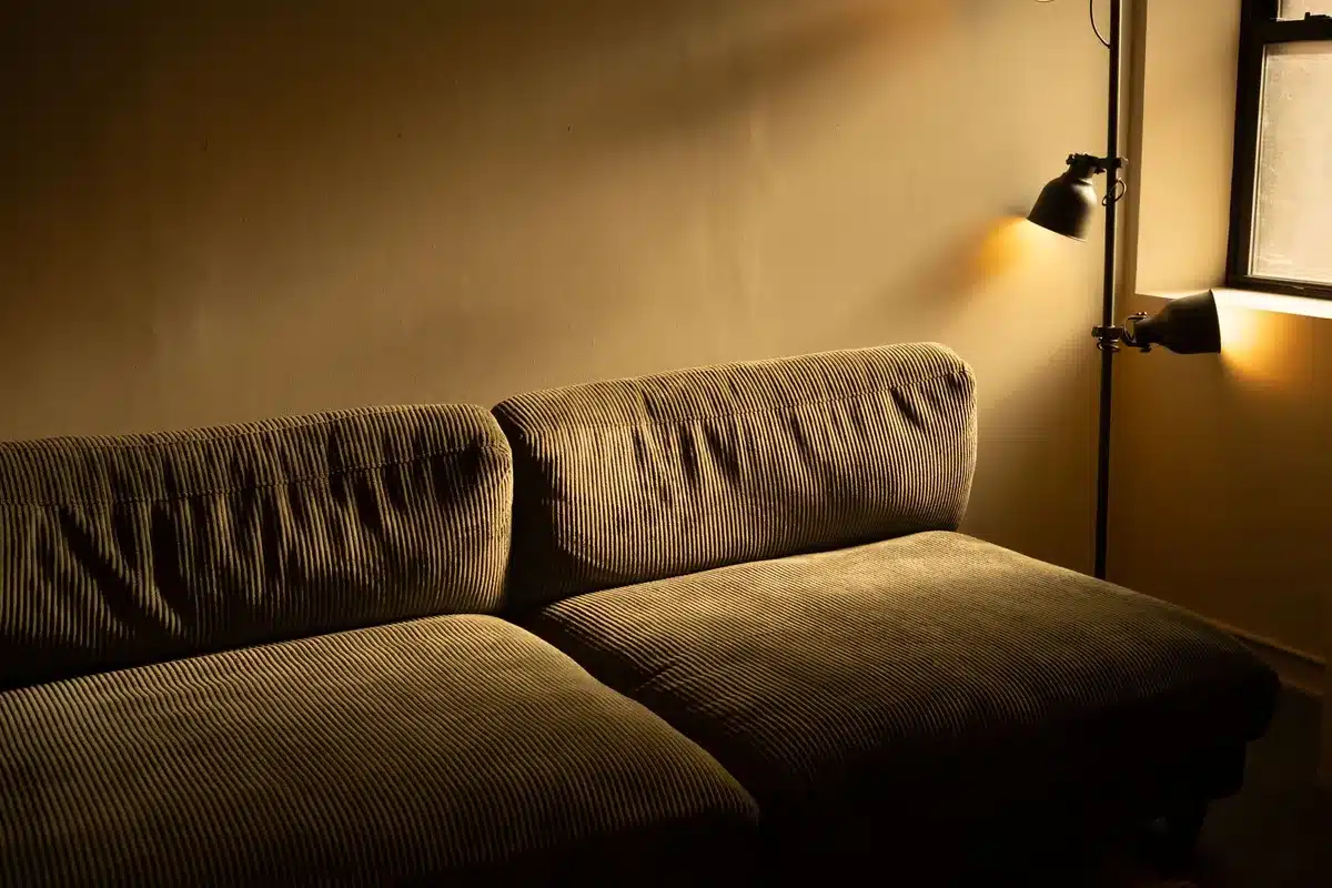 Divano d'epoca abbinato a lampada contemporanea in soggiorno eclettico.
