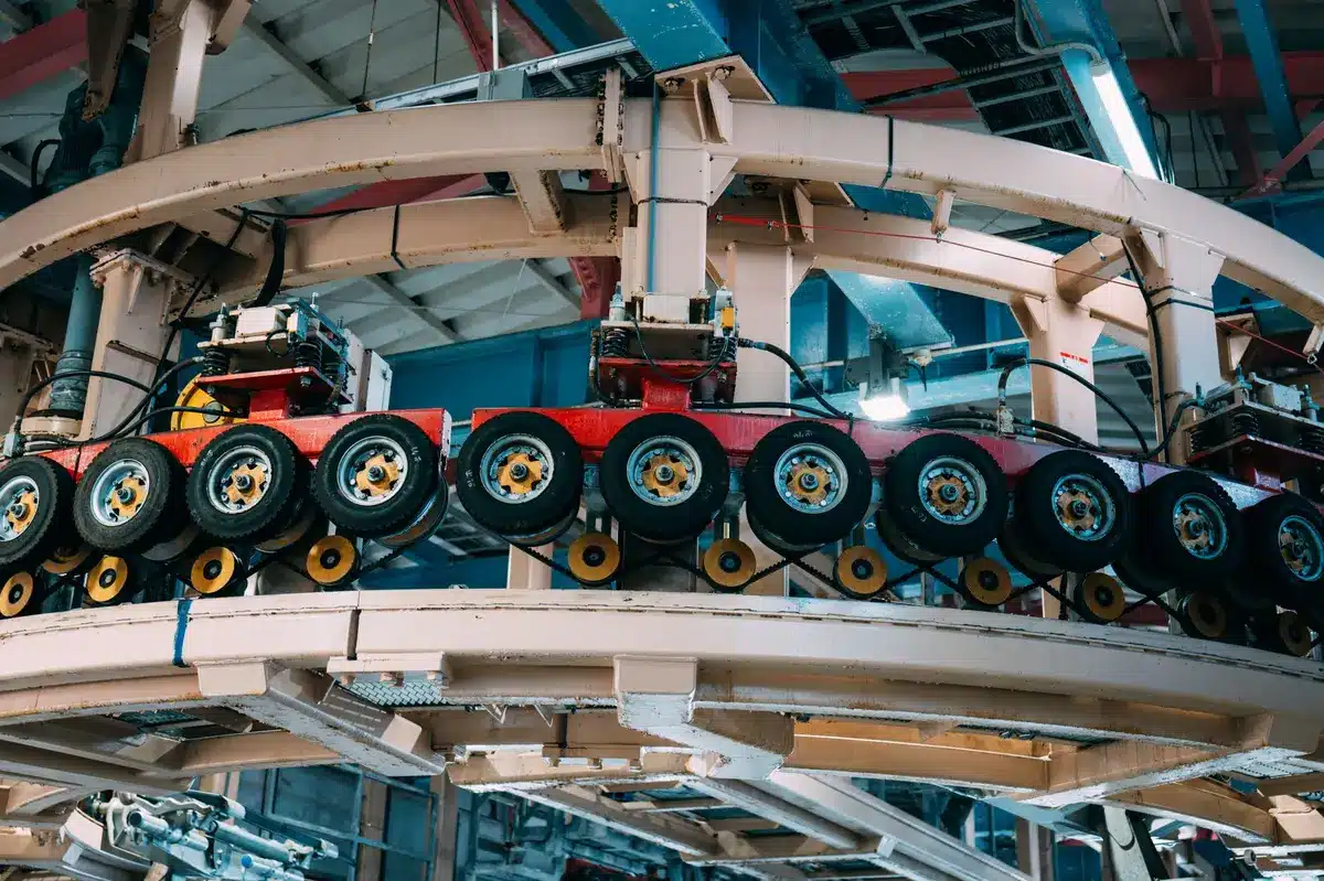 Stabilimento di produzione automobilistica con macchinari e operai al lavoro in catena di montaggio