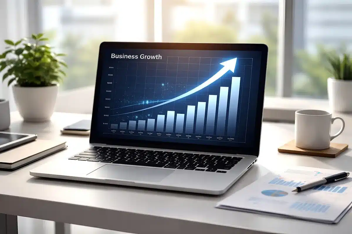 Report finanziario e laptop che mostrano dati e grafici sui risultati trimestrali